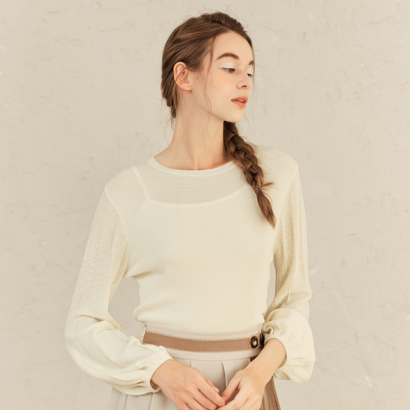 Famecoco范可儿修身打底衫女士早春甜美温柔针织衫F221DB001