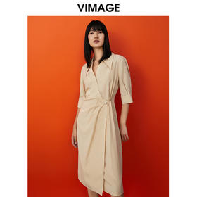 VIMAGE/纬漫纪春季新款V领假五分袖小众设计修身连衣裙V1707311