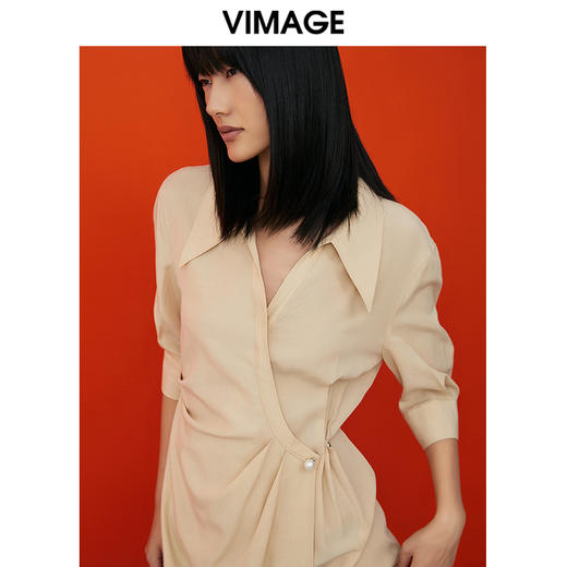 VIMAGE/纬漫纪春季新款V领假五分袖小众设计修身连衣裙V1707311 商品图3