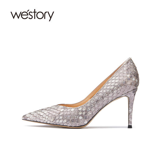 westory22年春季新款蛇皮高跟鞋真皮尖头欧美性感单鞋宴会W22AE54491 商品图2