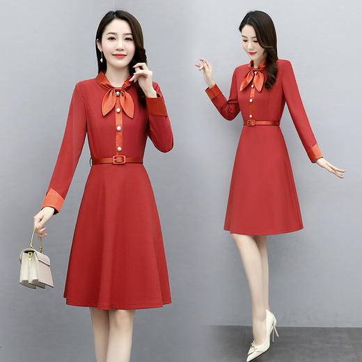HR  WY21289时尚拼接蝴蝶结领洋气减龄连衣裙 商品图2