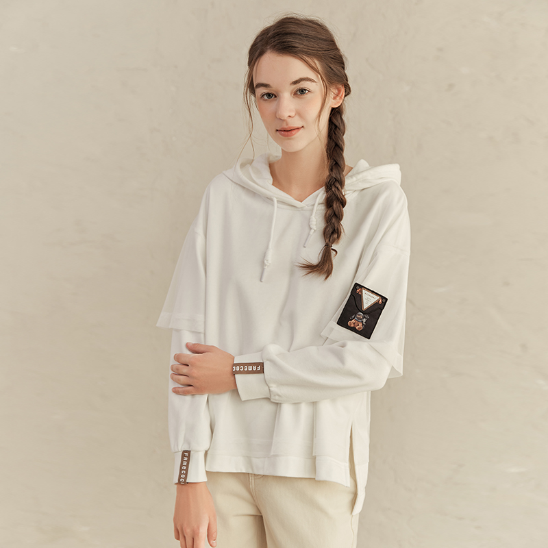 Famecoco范可儿白色连帽卫衣女款ins网纱拼接上衣F221BL008