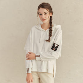 Famecoco范可儿白色连帽卫衣女款ins网纱拼接上衣F221BL008