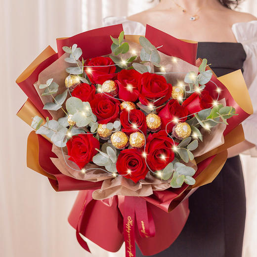 甜蜜爱情11朵红玫瑰搭配10颗巧克力花束七夕情人节生日告白求婚送花