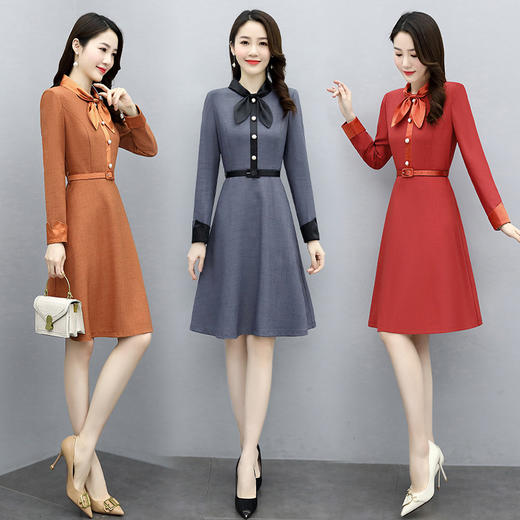 HR  WY21289时尚拼接蝴蝶结领洋气减龄连衣裙 商品图0