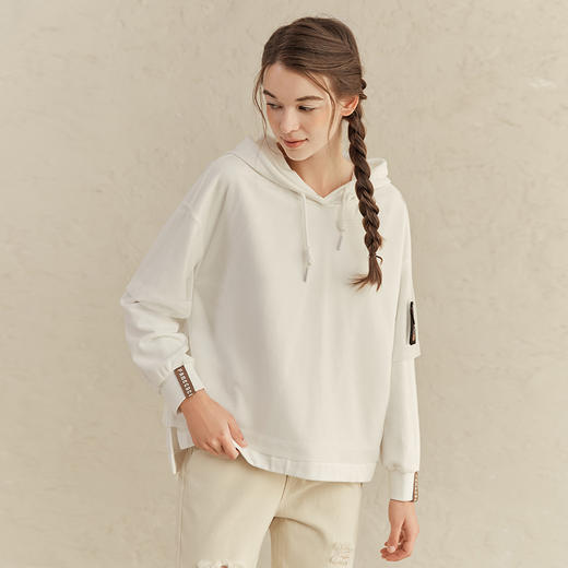 Famecoco范可儿白色连帽卫衣女款ins网纱拼接上衣F221BL008 商品图1