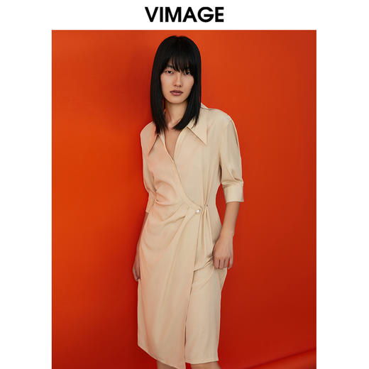 VIMAGE/纬漫纪春季新款V领假五分袖小众设计修身连衣裙V1707311 商品图2
