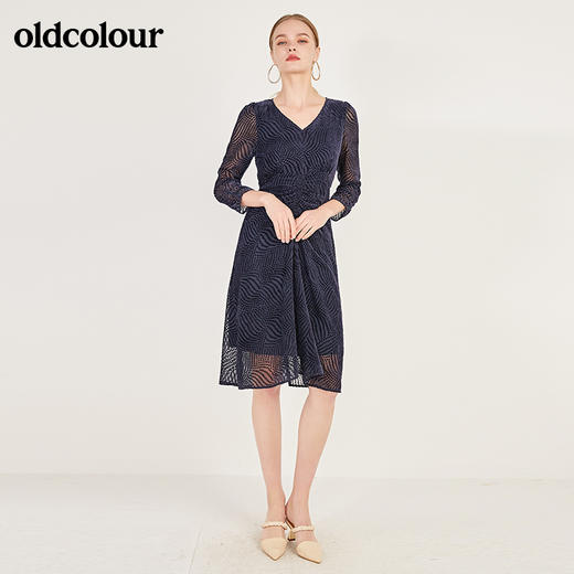 oldcolour春季时尚V领修身收腰显瘦气质长袖连衣裙女N12103273 商品图6