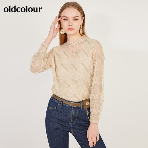 oldcolour春季新款百搭内搭蕾丝气质长袖套头衫女N11013127 商品图0