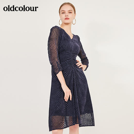 oldcolour春季时尚V领修身收腰显瘦气质长袖连衣裙女N12103273 商品图5