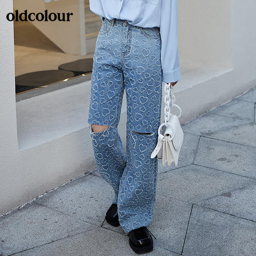 oldcolour2022早春新款高腰复古直筒微喇设计感破洞牛仔裤女BO12113045 商品图4