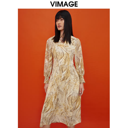 VIMAGE纬漫纪女装夏季新品V领复古轻薄水墨印花连衣裙连衣裙V1507126 商品图1