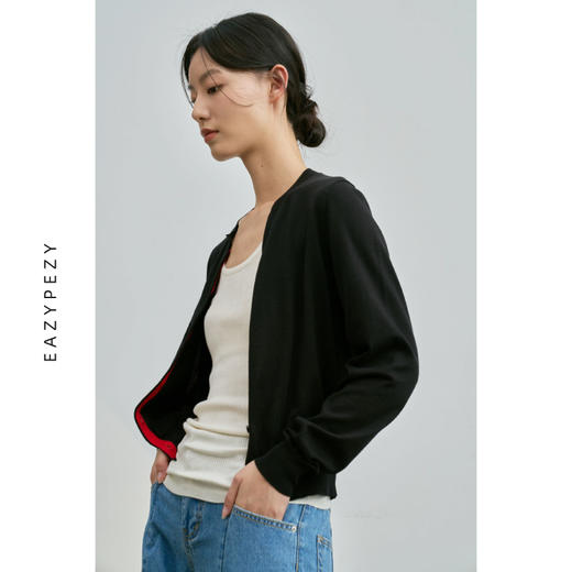 意大利纯棉圆领内撞色开衫 商品图1