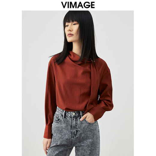 VIMAGE纬漫纪秋款个性洋气绑带设计感通勤喇衬衫小上衣VC2113216 商品图2