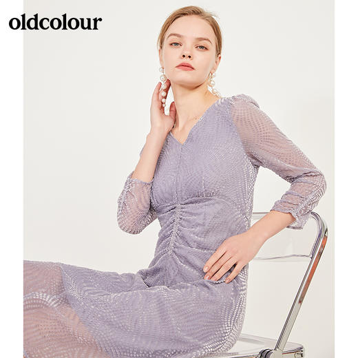 oldcolour春季时尚V领修身收腰显瘦气质长袖连衣裙女N12103273 商品图3