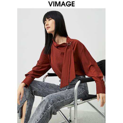 VIMAGE纬漫纪秋款个性洋气绑带设计感通勤喇衬衫小上衣VC2113216 商品图3
