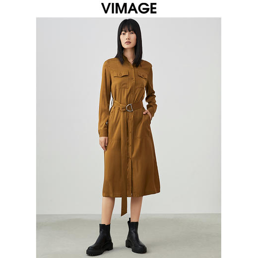 VIMAGE纬漫纪春季新款系带长袖优雅显瘦裙摆开叉连衣裙V1707352 商品图0