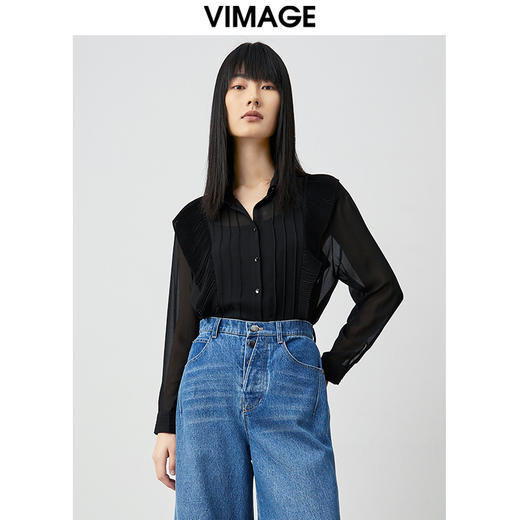 VIMAGE纬漫纪新款纯色通勤百搭系带衬衬衣女士小上衣VC2109214 商品图3