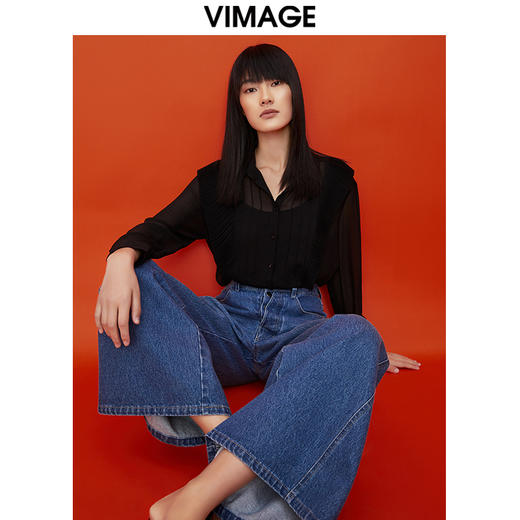 VIMAGE纬漫纪新款纯色通勤百搭系带衬衬衣女士小上衣VC2109214 商品图0