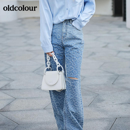 oldcolour2022早春新款高腰复古直筒微喇设计感破洞牛仔裤女BO12113045 商品图1