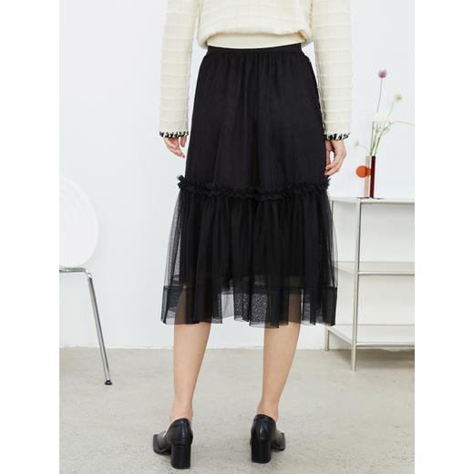 NEELLY纳俪松紧腰纱裙女半身春季抽褶网纱立体蝴蝶结中长裙A字裙N22011E01015 商品图4