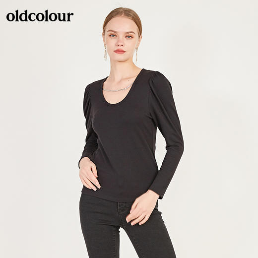 oldcolour春季黑色圆领设计感修身显瘦百搭长袖T恤女N12023254 商品图1
