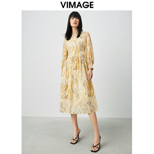VIMAGE纬漫纪女装夏季新品V领复古轻薄水墨印花连衣裙连衣裙V1507126 商品图4