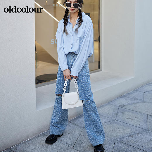 oldcolour2022早春新款高腰复古直筒微喇设计感破洞牛仔裤女BO12113045 商品图3