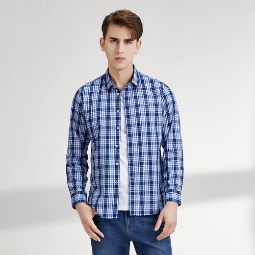 【竹纤维】柒牌衬衫男商务休闲青年春秋款长袖格纹翻领宝蓝色衬衣	122A70630 商品图1