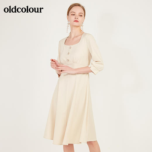 oldcolour春季纯色方领时尚气质优雅收腰显瘦长袖连衣裙N13103355 商品图1