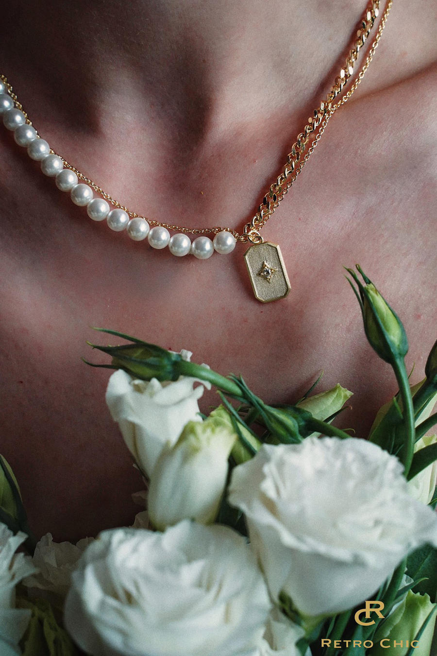 retro chic意大利shadow影系列几何珍珠双链项链耳环925银厚镀14k金