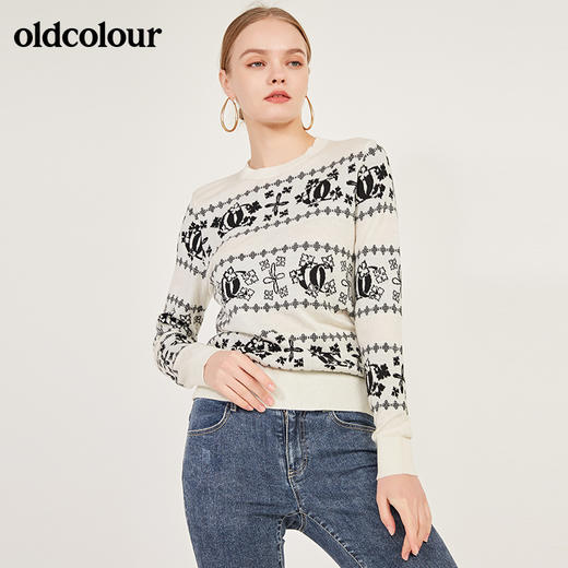 oldcolour春季新款圆领百搭内搭印花气质套头针织衫女N11052160 商品图0