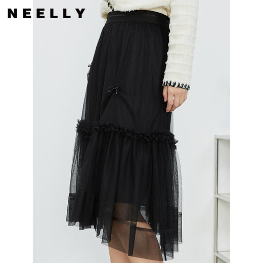 NEELLY纳俪松紧腰纱裙女半身春季抽褶网纱立体蝴蝶结中长裙A字裙N22011E01015 商品图1