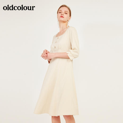 oldcolour春季纯色方领时尚气质优雅收腰显瘦长袖连衣裙N13103355 商品图7