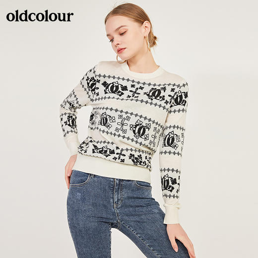 oldcolour春季新款圆领百搭内搭印花气质套头针织衫女N11052160 商品图2