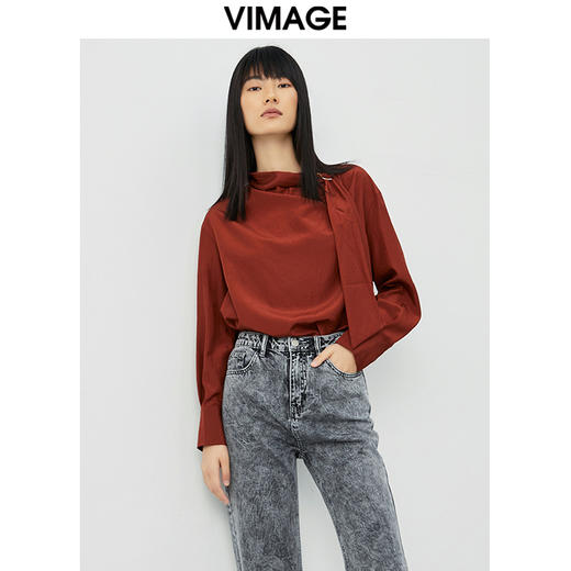 VIMAGE纬漫纪秋款个性洋气绑带设计感通勤喇衬衫小上衣VC2113216 商品图0