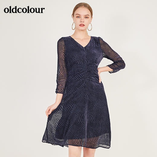 oldcolour春季时尚V领修身收腰显瘦气质长袖连衣裙女N12103273 商品图1