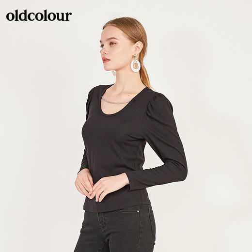 oldcolour春季黑色圆领设计感修身显瘦百搭长袖T恤女N12023254 商品图2