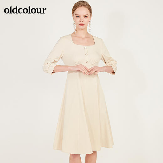 oldcolour春季纯色方领时尚气质优雅收腰显瘦长袖连衣裙N13103355 商品图5