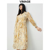 VIMAGE纬漫纪女装夏季新品V领复古轻薄水墨印花连衣裙连衣裙V1507126 商品缩略图3