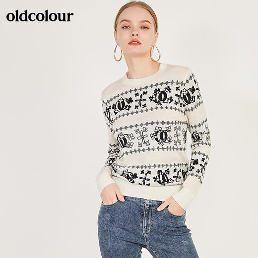 oldcolour春季新款圆领百搭内搭印花气质套头针织衫女N11052160 商品图3