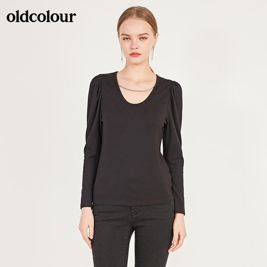 oldcolour春季黑色圆领设计感修身显瘦百搭长袖T恤女N12023254 商品图0