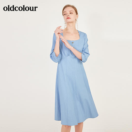 oldcolour春季纯色方领时尚气质优雅收腰显瘦长袖连衣裙N13103355 商品图4