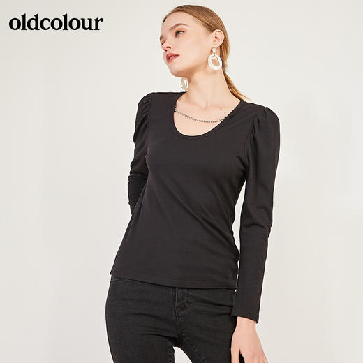 oldcolour春季黑色圆领设计感修身显瘦百搭长袖T恤女N12023254 商品图4