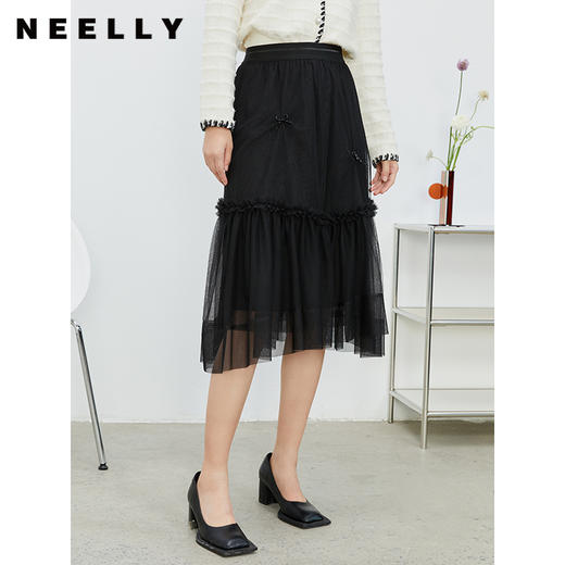 NEELLY纳俪松紧腰纱裙女半身春季抽褶网纱立体蝴蝶结中长裙A字裙N22011E01015 商品图3