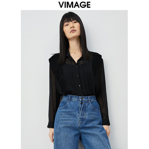 VIMAGE纬漫纪新款纯色通勤百搭系带衬衬衣女士小上衣VC2109214 商品图2