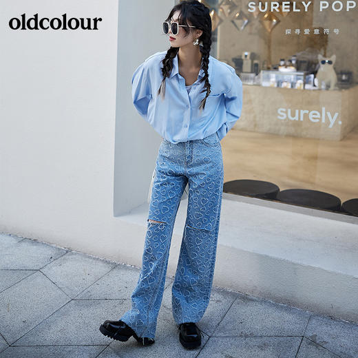 oldcolour2022早春新款高腰复古直筒微喇设计感破洞牛仔裤女BO12113045 商品图2