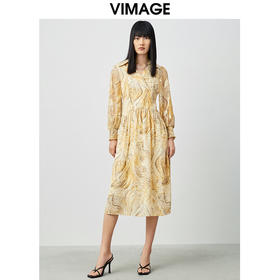VIMAGE纬漫纪女装夏季新品V领复古轻薄水墨印花连衣裙连衣裙V1507126