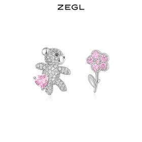 ZEGL设计师小熊花朵耳钉女小众设计感高级耳环925银针不对称耳饰