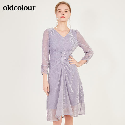 oldcolour春季时尚V领修身收腰显瘦气质长袖连衣裙女N12103273 商品图0